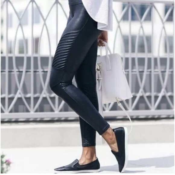 Spanx Leggins Size S Women’s Moto Faux Leather High Rise Black - Picture 3 of 14